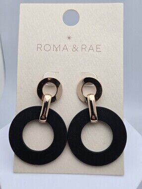 ✨2/$10✨ Roma & Rae Geometric Dual Hoop Drop Earrings Black Gold Tone 2.25" New